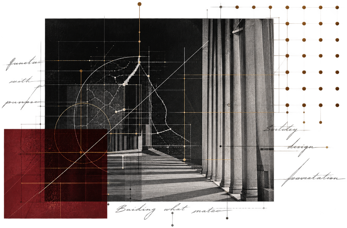 Architectural collage of columns with technical annotation, representing structure and craft