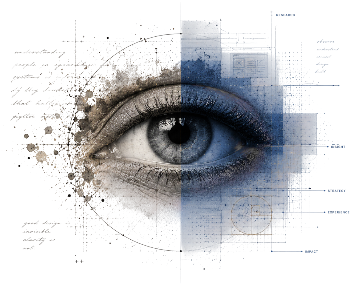 Illustration of an eye, half photographic, half revealing a blueprint of insight and strategy